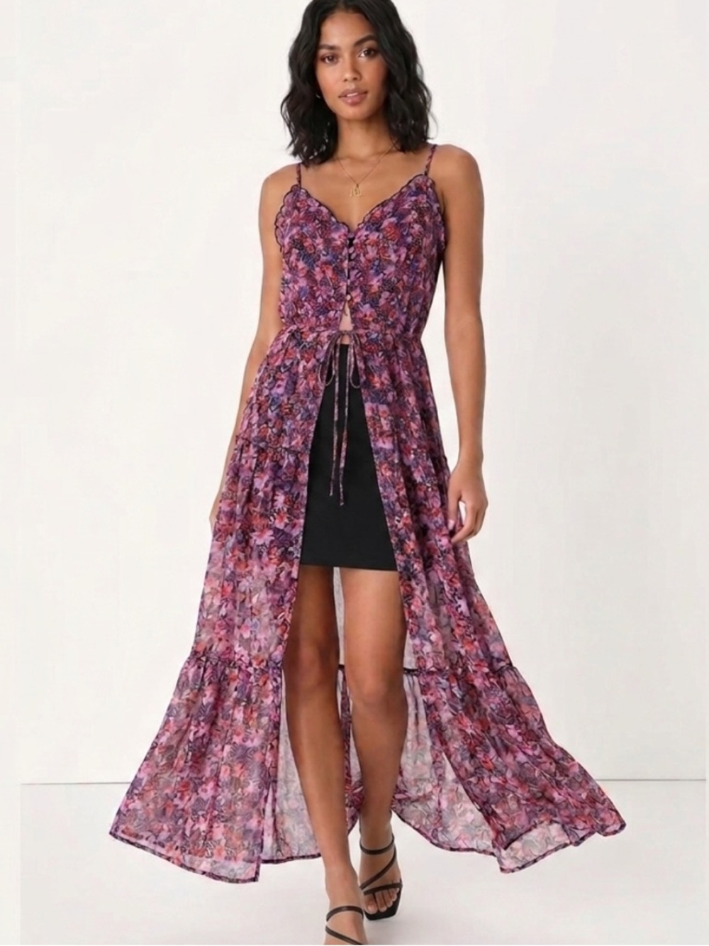 Lulus Sheer Floral Slipdress Size Small Button Front Tiered Ruffle Maxi Dress - Picture 15 of 15